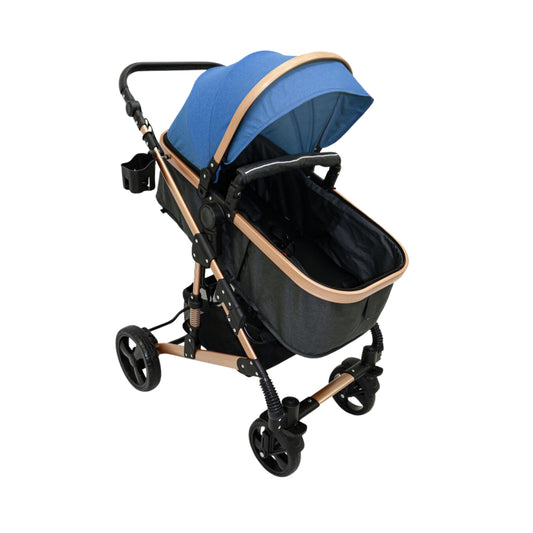 Coche convertible con cuna para bebe, azul y dorado