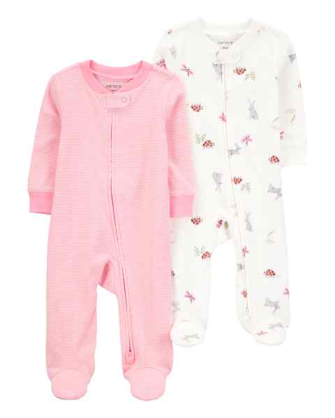 Baby Girl 2Pk Sleep & Play Ivory Print & Pink Stripe