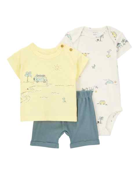 Baby Boy 3-Piece Set Shorts Set Yellow Graphic Microfleece