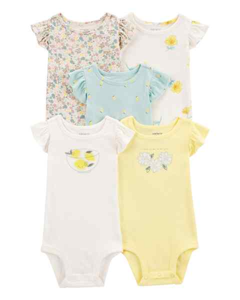 Baby Girl 5Pk Bodysuit Graphic, Floral, Lemon