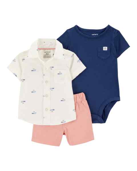 Baby Boy 3-Piece Set Boat Print W & Navy Bodysuit