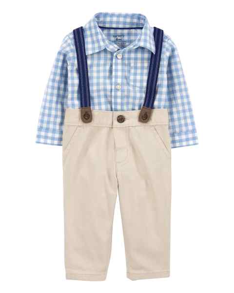 Baby Boy 3-Piece Set Blue Gingham Suspender