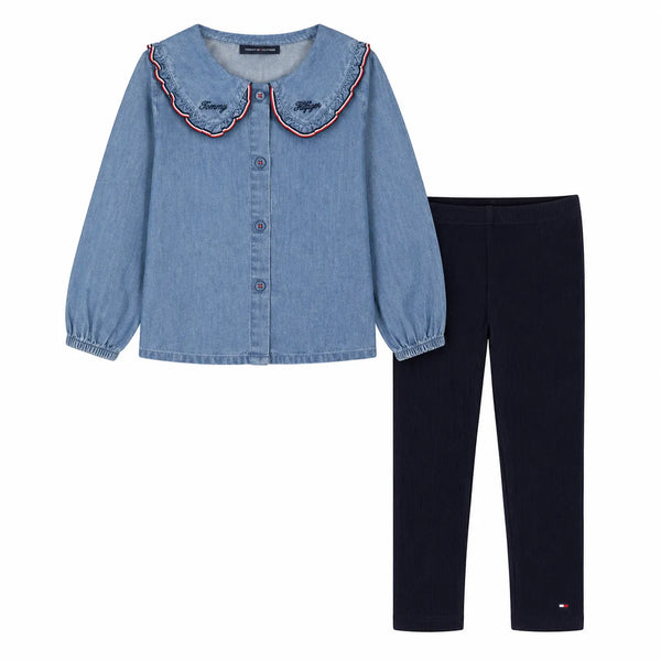 Chambray Collar Blouse & Navy Leggings Set