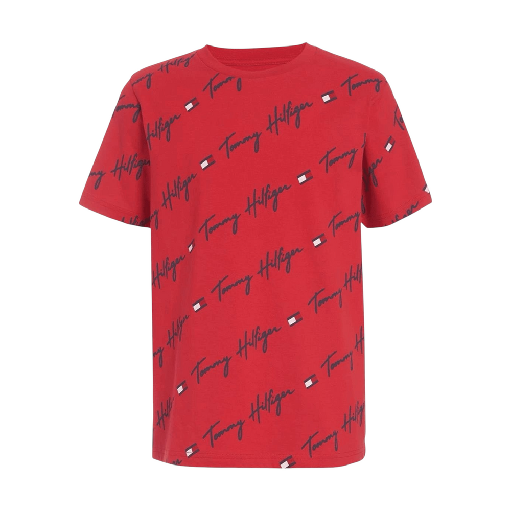 Tommy Hilfiger Boys' Short Sleeve All-Over Script Print T-Shirt - Apple Red