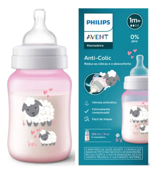 Biberón Anticólicos Philips Avent de 9oz / 260ml Diseño Ovejitas Rosa (1m+)