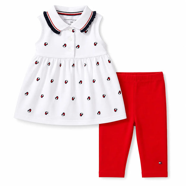 White Polo Dress & Red Leggings Set