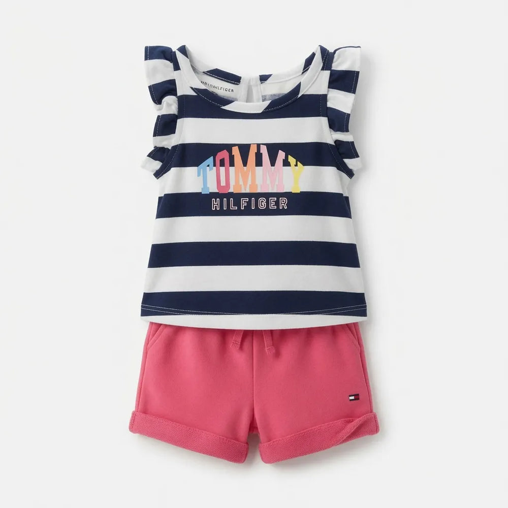 Navy Stripe Multicolor Tee & Pink Shorts Set