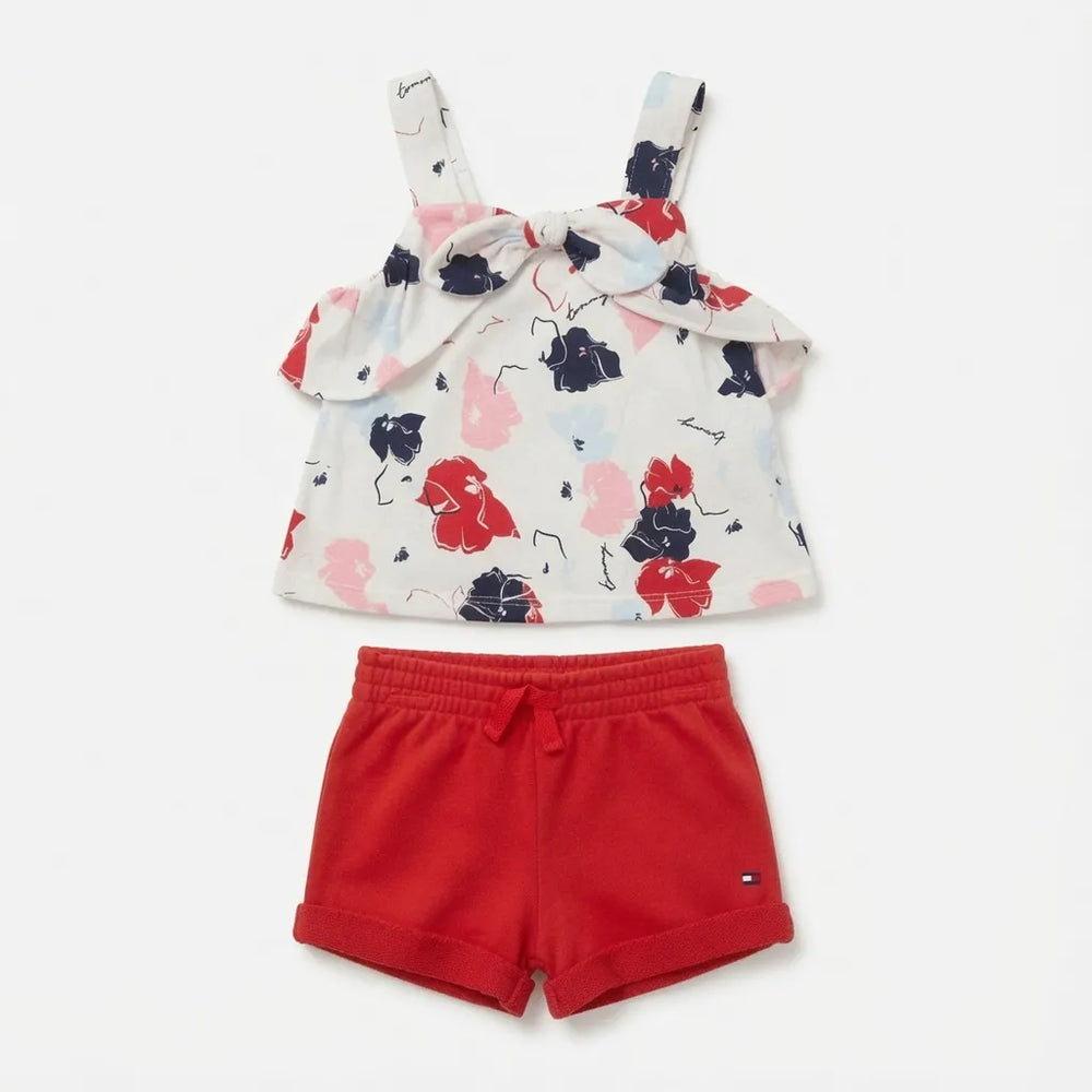 White Floral Bow Tank & Red Shorts Set