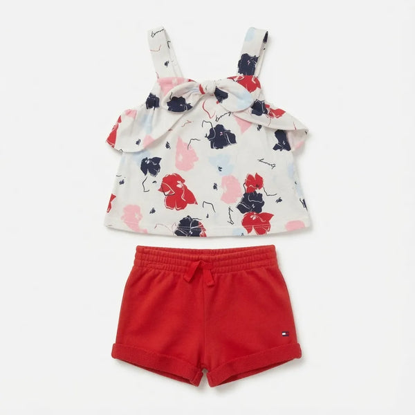 White Floral Bow Tank & Red Shorts Set
