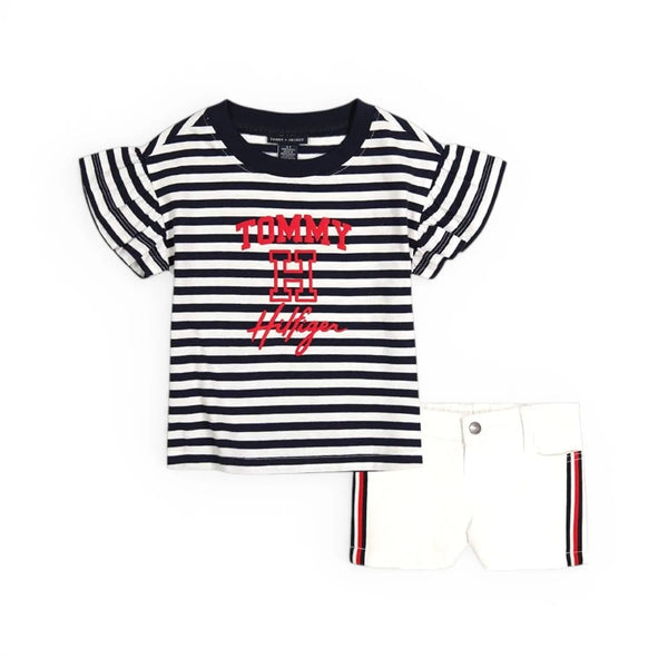 Navy Stripe Tee & White Shorts Set