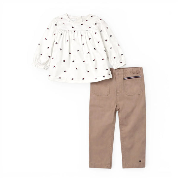 White Heart Blouse & Khaki Pants Set