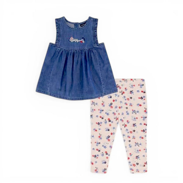 Denim Peplum Top & Floral Leggings Set