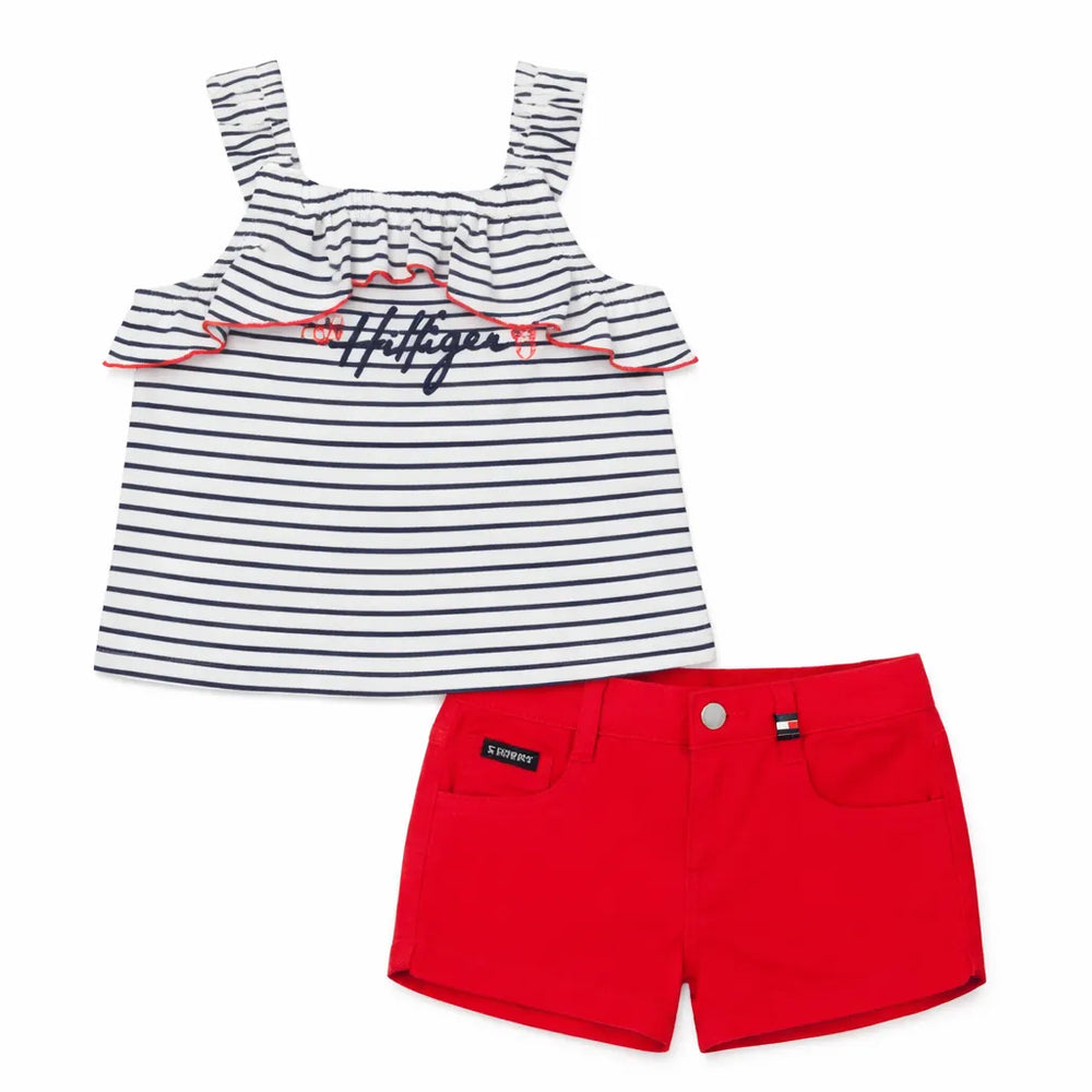 Navy Stripe Ruffle Tank & Red Shorts Set
