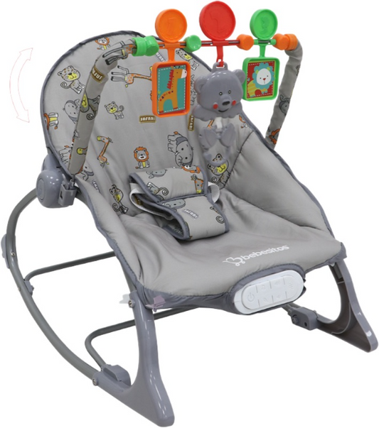 Mecedora para bebe con barra de juguetes y vibracion, gris