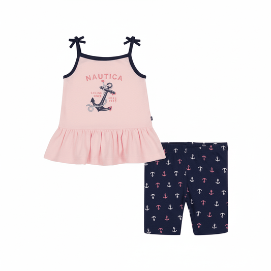 Girls 2 - Piece Anchor Peplum Set — Pink/Navy - ColorPlay