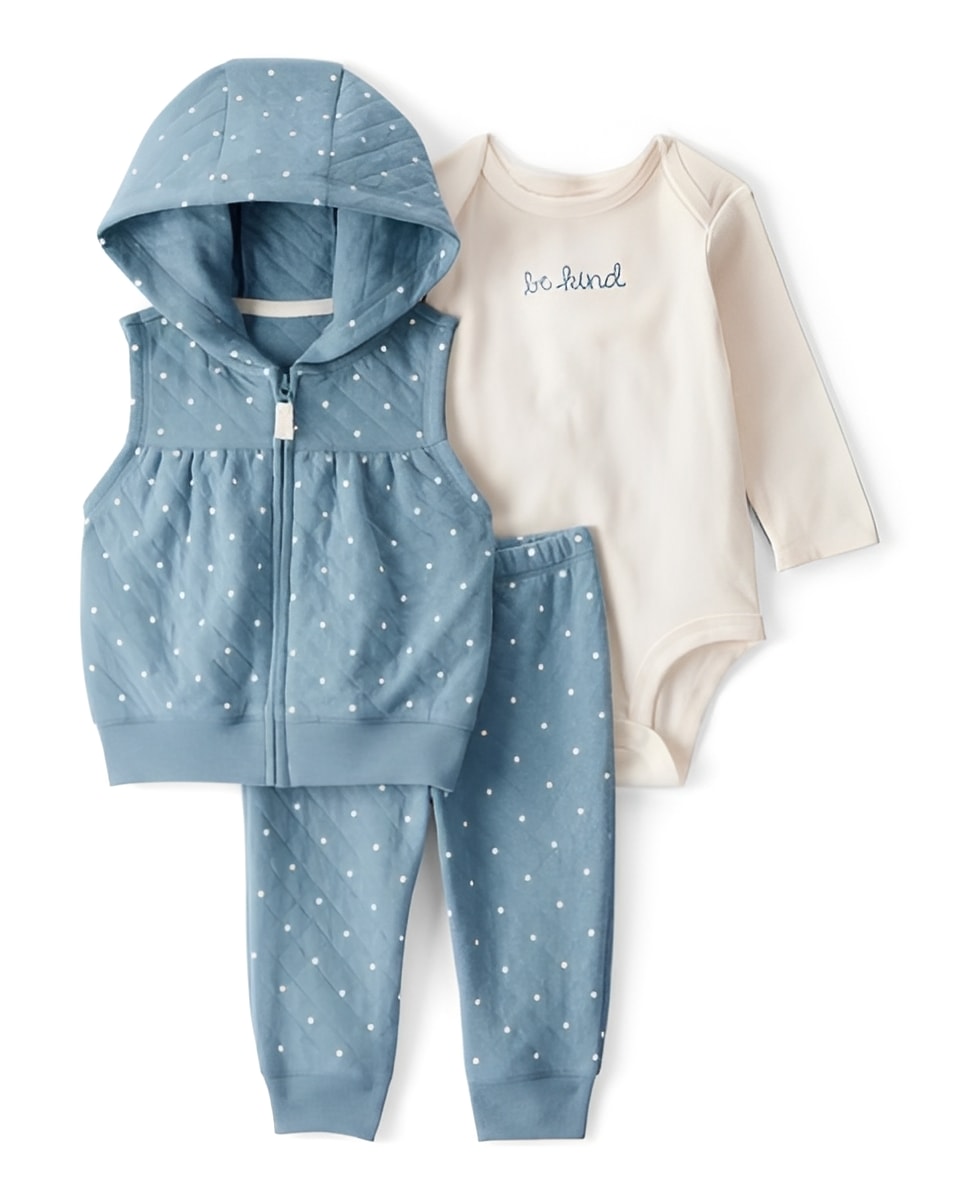 Carter's Baby 3 Piece Polka Dot Quilted Little Vest Set Blue Ivory