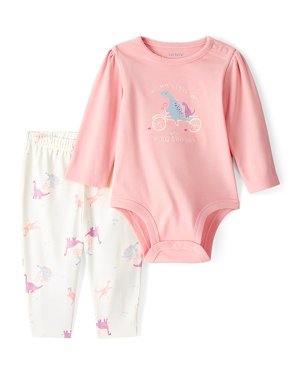 Carter's Baby Girl 2 Piece Dinosaur Print Cotton Long Sleeve Bodysuit & Pant Set Pink White