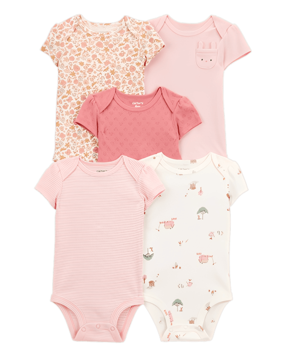 Carter's Baby Girl 5 Pack Floral Bunny Short Sleeve Cotton Bodysuits Pink