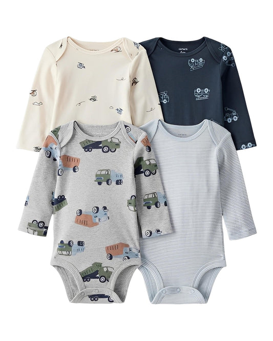 Carter's Baby Boy 4 Pack Construction Print Long Sleeve Multipack Bodysuits White Navy Blue - ColorPlay