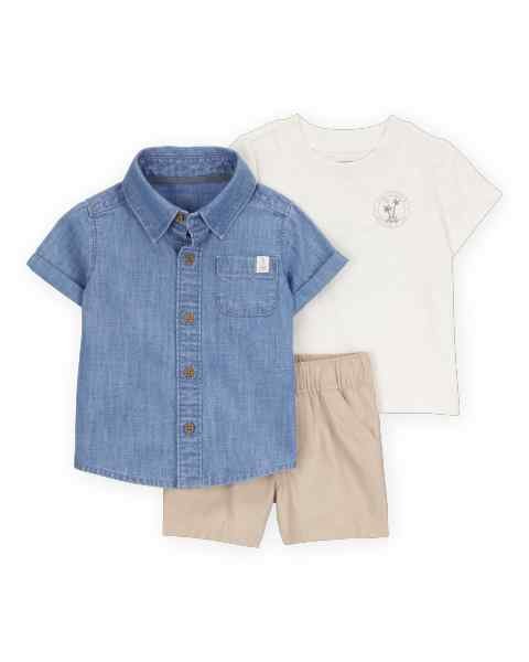 Carter's Set Camisa Chambray Camiseta y Short Caqui