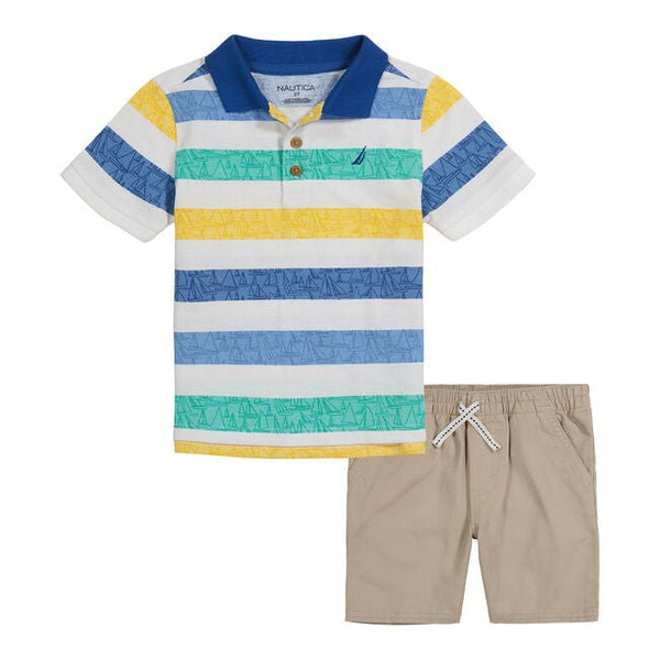 Nautica Niños Set Polo y Shorts - Azul a Rayas
