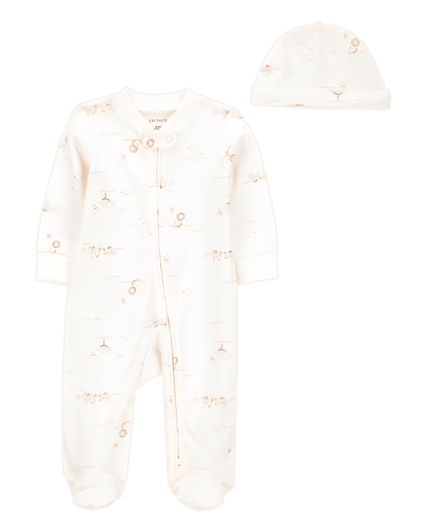 Carter's Baby Boy 2 Piece 2 Way Zip Sleep & Play & Cap Set Cream