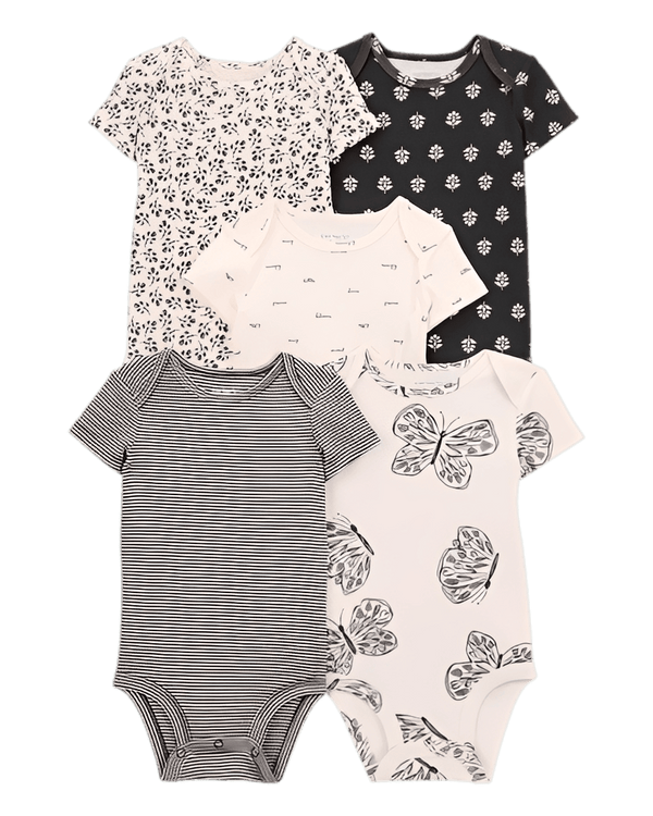 Carter's Baby Girl 5 Pack Striped Butterfly Short Sleeve Cotton Bodysuits Black White