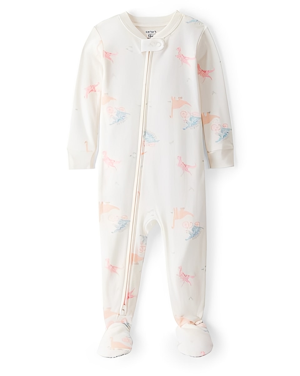 Carter's Baby Girl Dinosaur Print 100 Percent Cotton Long Sleeve 2 Way Zip 1 Piece Pajamas White