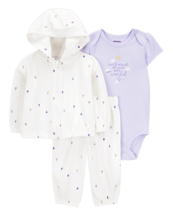 Carter's Baby Girl 3 Piece Hot Air Balloon Print Little Cardigan Set White Purple