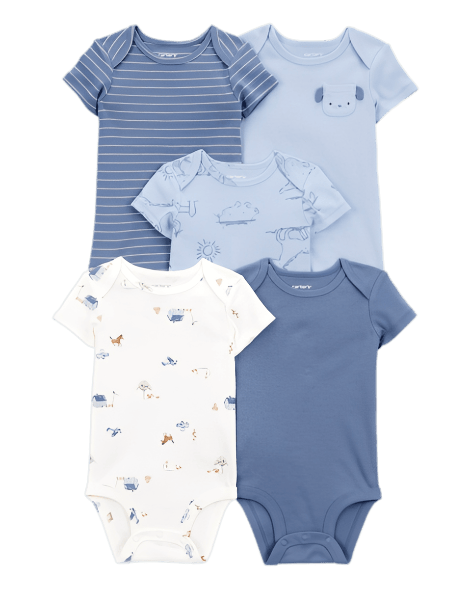 Carter's Baby Boy 5 Pack Dog Short Sleeve Cotton Bodysuits Blue
