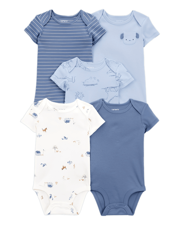 Carter's Baby Boy 5 Pack Dog Short Sleeve Cotton Bodysuits Blue