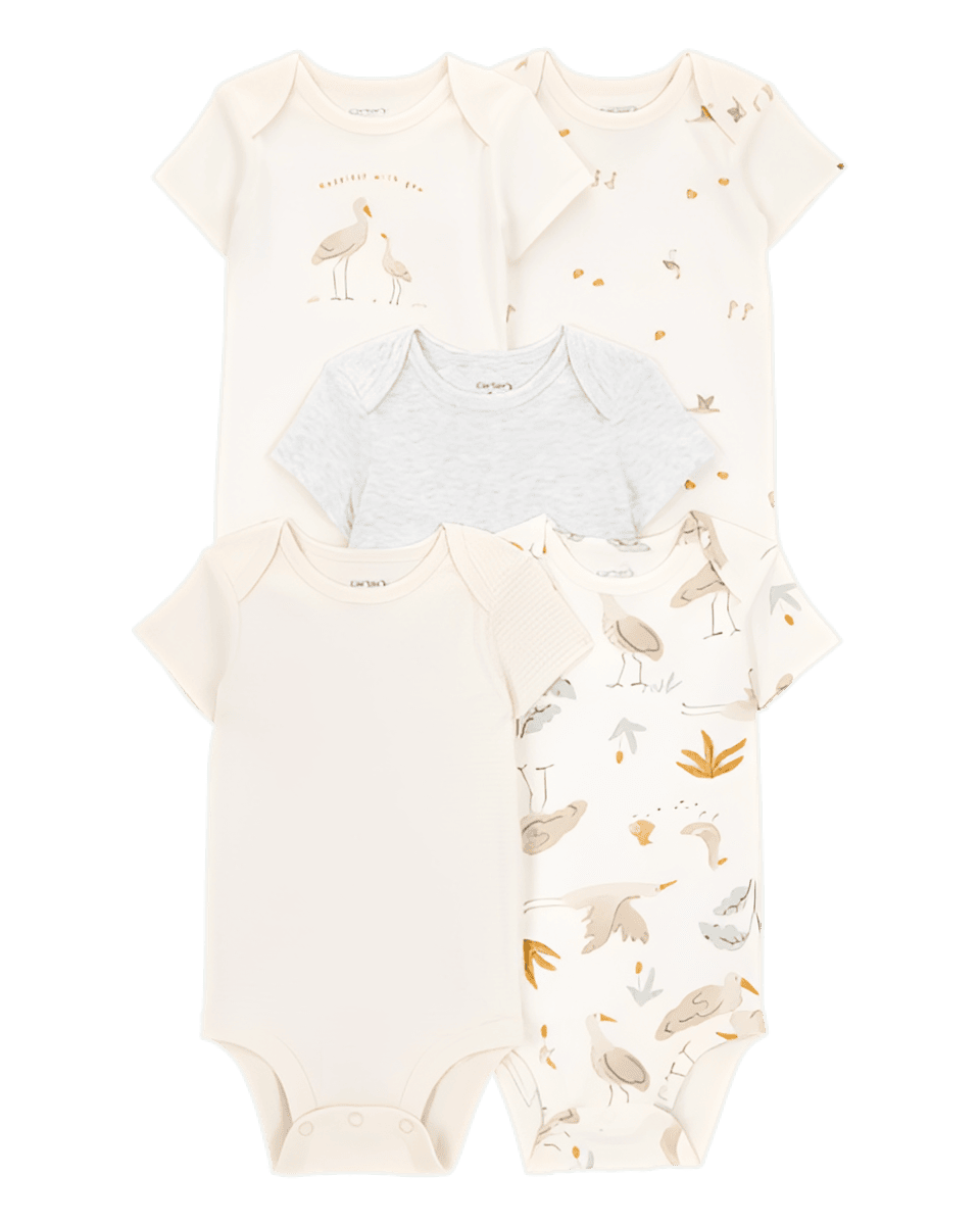 Carter's Baby 5 Pack Striped Birds Short Sleeve Cotton Bodysuits Ivory