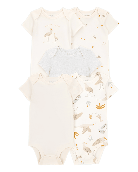 Carter's Baby 5 Pack Striped Birds Short Sleeve Cotton Bodysuits Ivory - ColorPlay