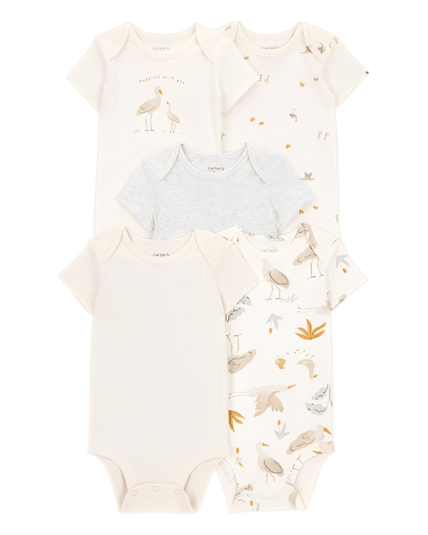 Carter's Baby 5 Pack Striped Birds Short Sleeve Cotton Bodysuits Ivory