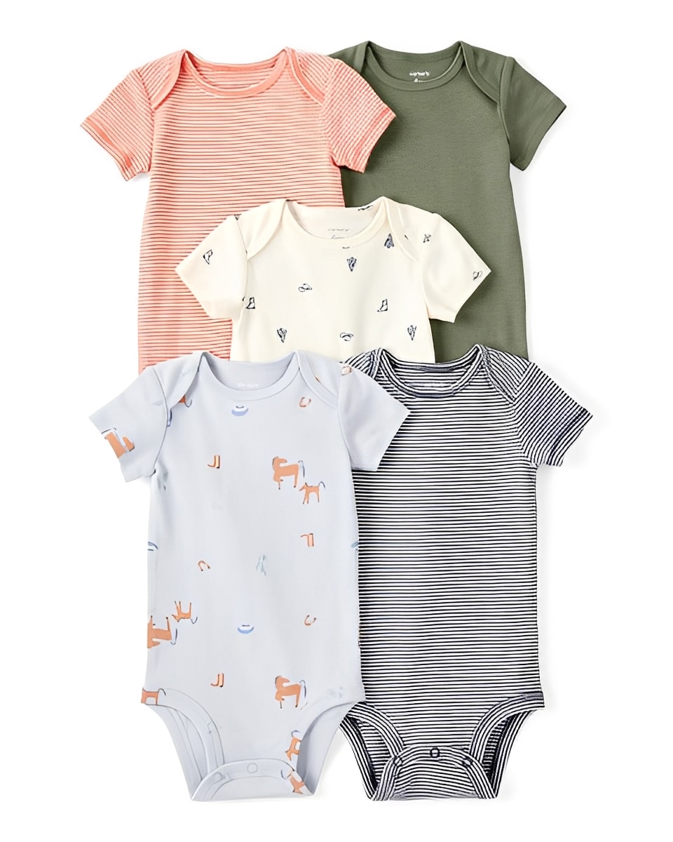 Carter's Baby Boy 5 Pack Cowboy Print Cotton Multipack Bodysuits Blue White Orange Green