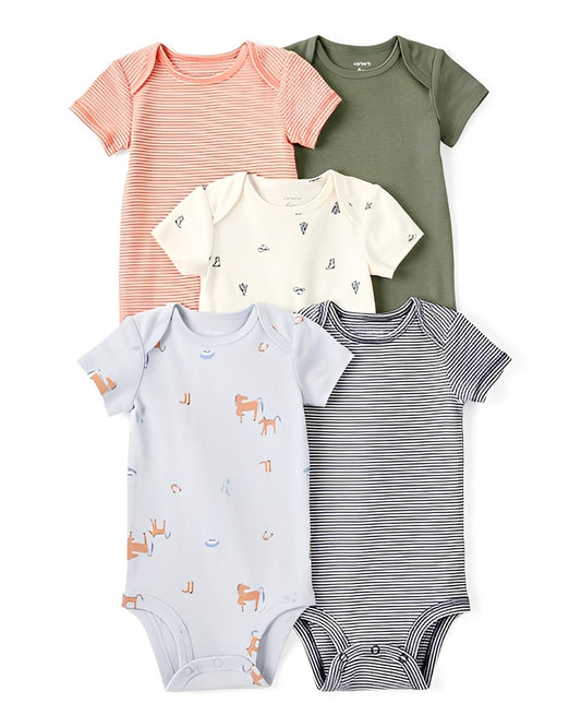 Carter's Baby Boy 5 Pack Cowboy Print Cotton Multipack Bodysuits Blue White Orange Green - ColorPlay