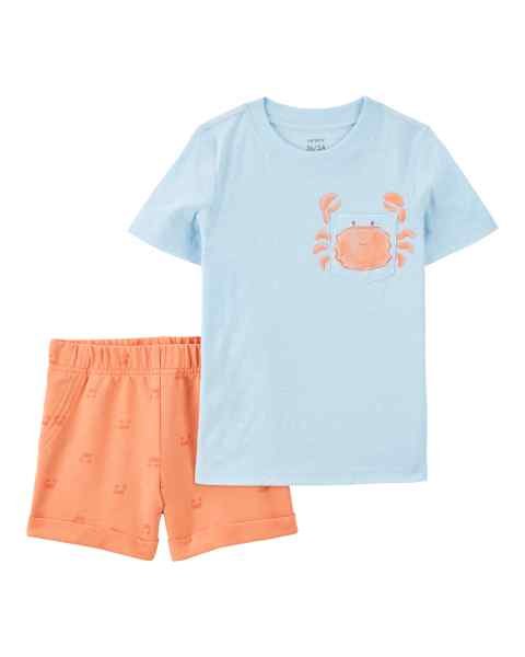 Carter's Set Camiseta Cangrejo Celeste y Short Coral