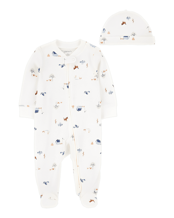 Carter's Baby 2 Piece 2 Way Zip Sleep & Play & Cap Set Ivory Blue