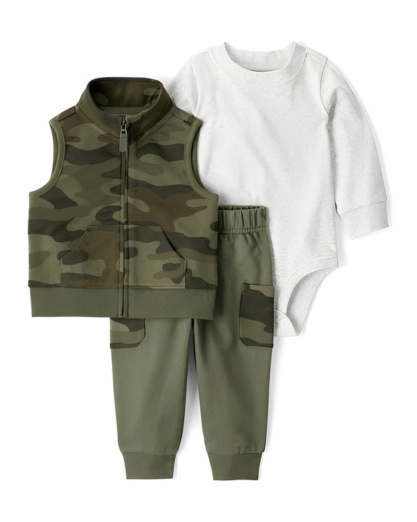 Carter's Baby Boy 3 Piece Camo French Terry Vest Bodysuit & Pant Set Green
