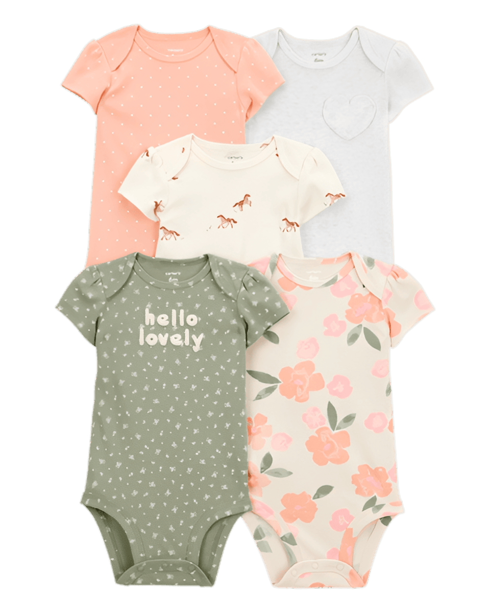 Carter's Baby Girl 5 Pack Floral Horses Short Sleeve Cotton Bodysuits Pink Green
