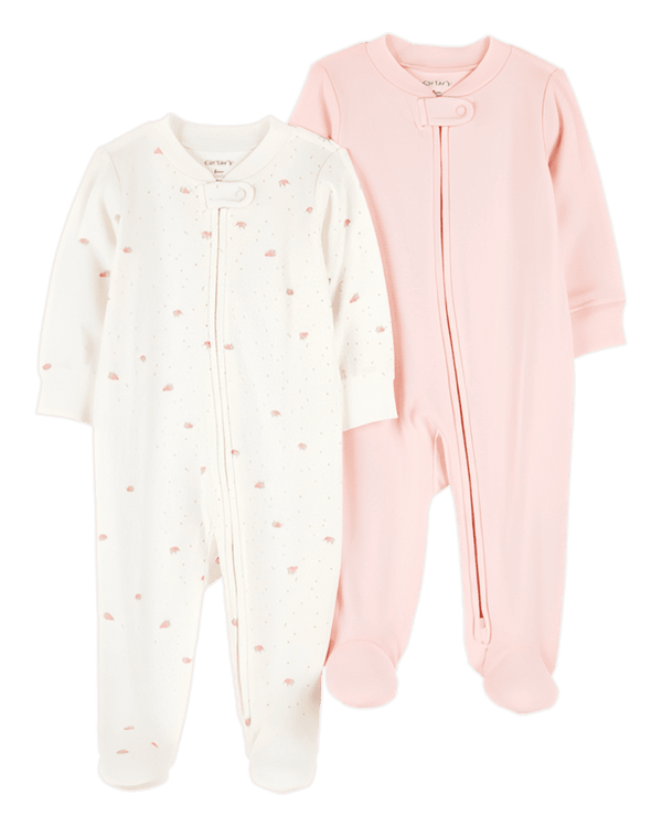 Carter's Baby Girl 2 Pack 2 Way Zip Cotton Sleep & Play Pajamas White Pink